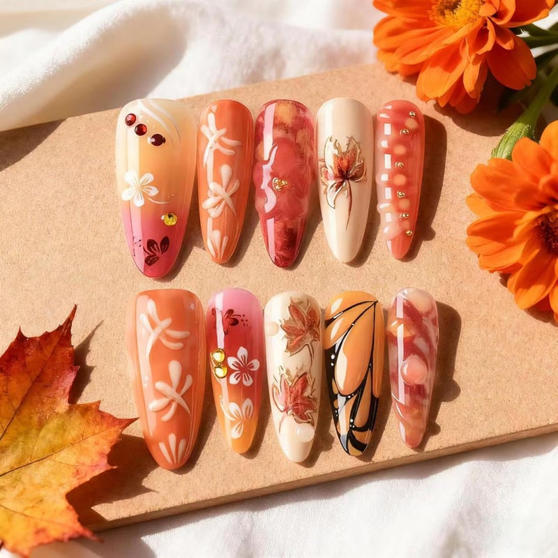SEENEEY Fall Long Press on Nails Almond Fake Nails Red Maple Leaves Designs Artificial Nail Black Butterfly Designs Floral Stick on Nail for Women 30pcs - Image 2